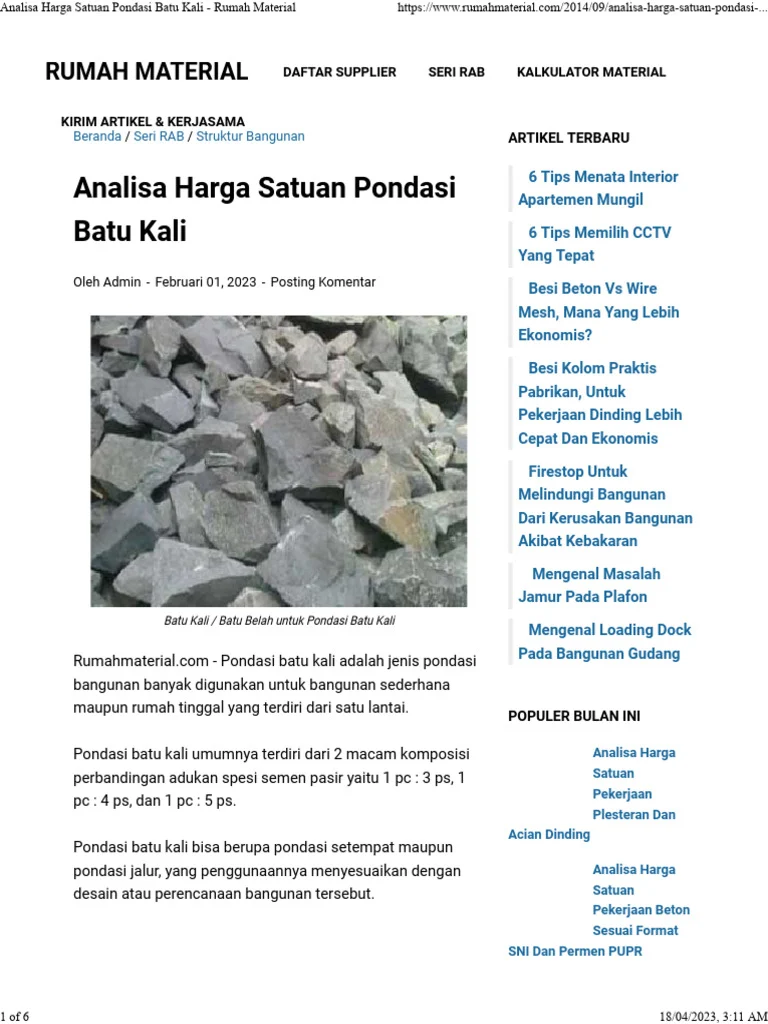 biaya pondasi batu kumbung vs batu kali hemat mana | Analisa Harga Satuan Pondasi Batu Kali - Rumah Material | PDF
